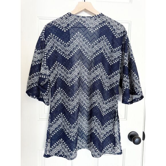 Xhilaration Navy White Crochet Sheer Caftan Open Front Cover Up Cardigan M - L - Picture 3 of 8
